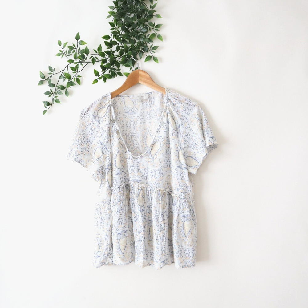 Lucky Brand Women's Short Sleeve Peplum Pale Blue Viscose Top L Large